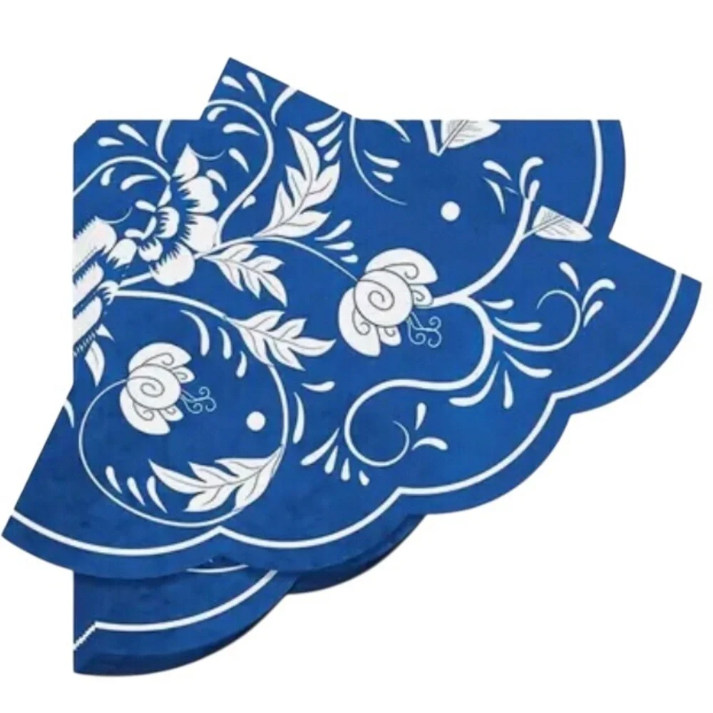 Blue and White Floral Scalloped Paper Napkins, 20ct